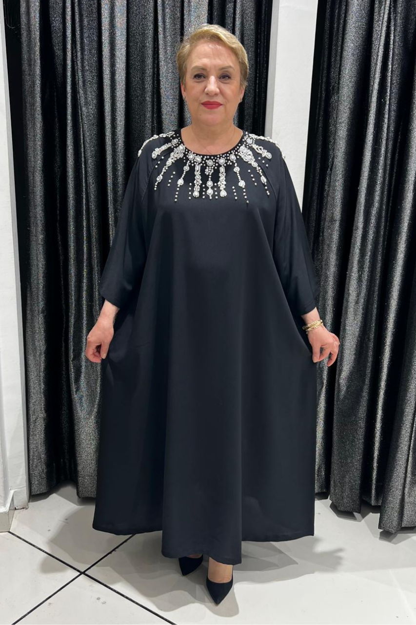 Selma Büyük Beden A Kesim Siyah İnci Detaylı Elbise