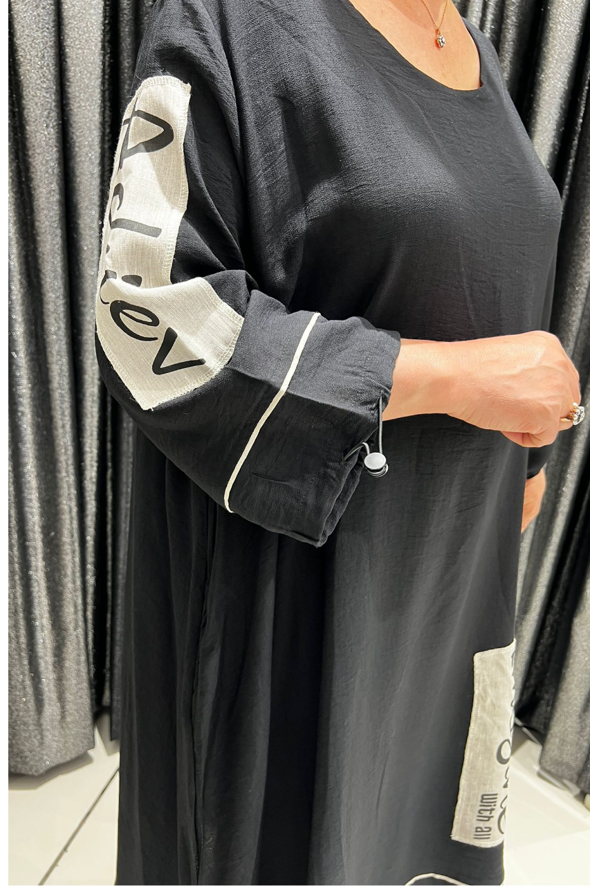 Selma Büyük Beden A Kesim Siyah Patch Detaylı Elbise