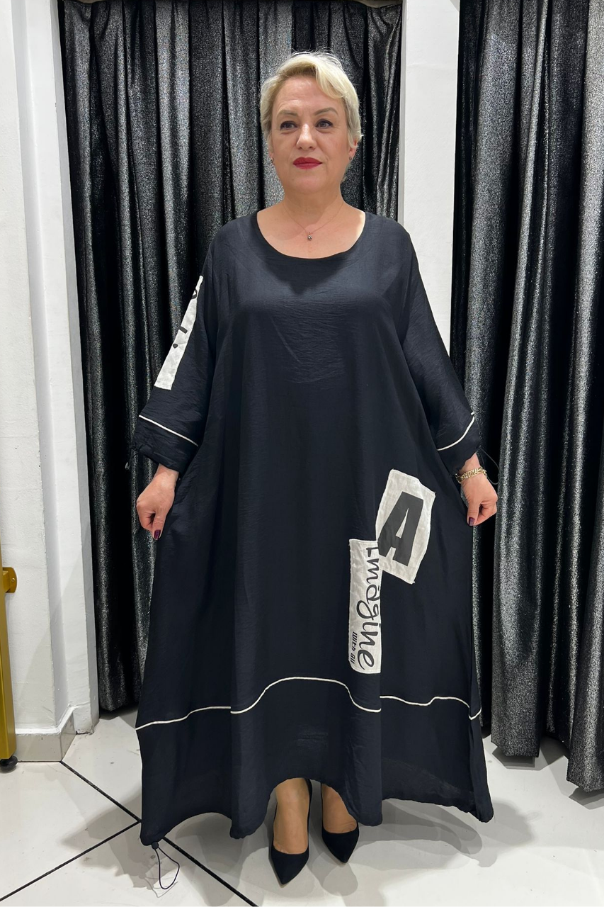 Selma Büyük Beden A Kesim Siyah Patch Detaylı Elbise