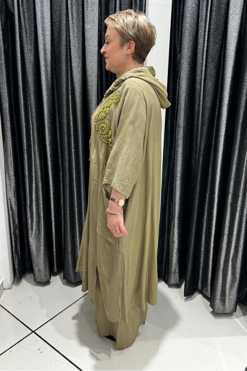 Selma Büyük Beden Boncuk Detaylı Pantolonlu Keten Takım