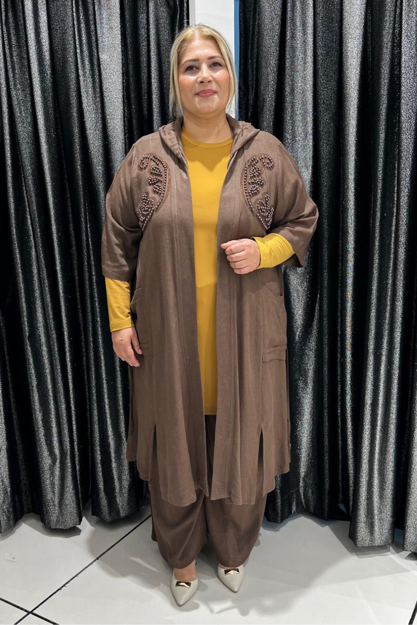 Selma Büyük Beden Boncuk Detaylı Pantolonlu Keten Takım