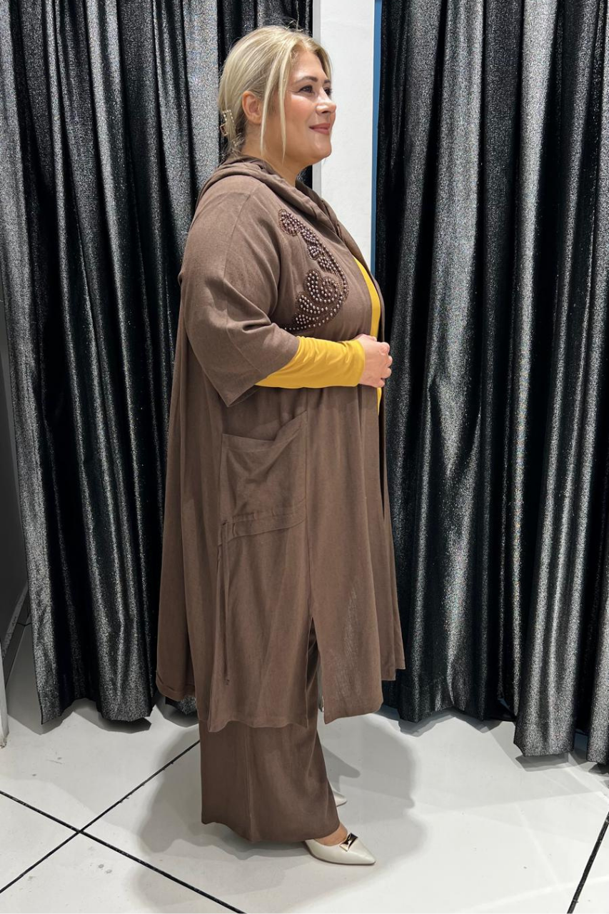 Selma Büyük Beden Boncuk Detaylı Pantolonlu Keten Takım