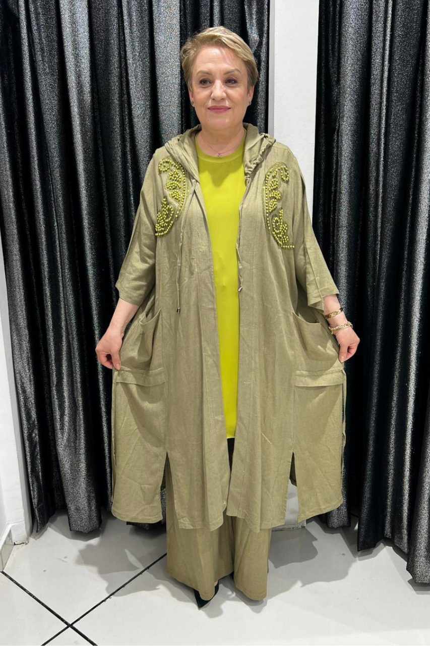 Selma Büyük Beden Boncuk Detaylı Pantolonlu Keten Takım