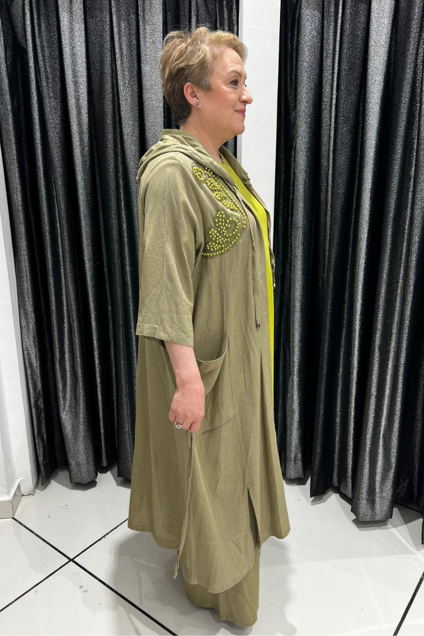 Selma Büyük Beden Boncuk Detaylı Pantolonlu Keten Takım