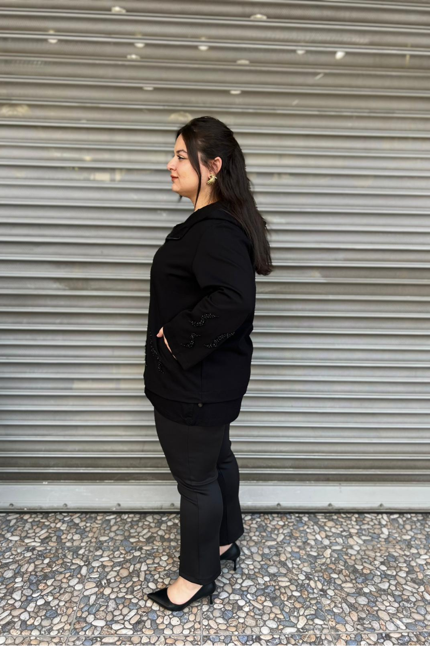 Selma Büyük Beden Boncuk İşlemeli Kapüşonlu Hırka