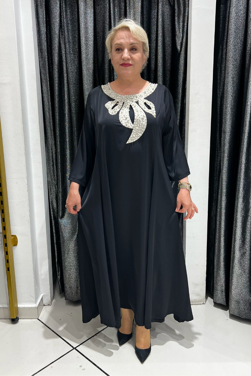 Selma Büyük Beden Boncuk İşlemeli Siyah Elbise