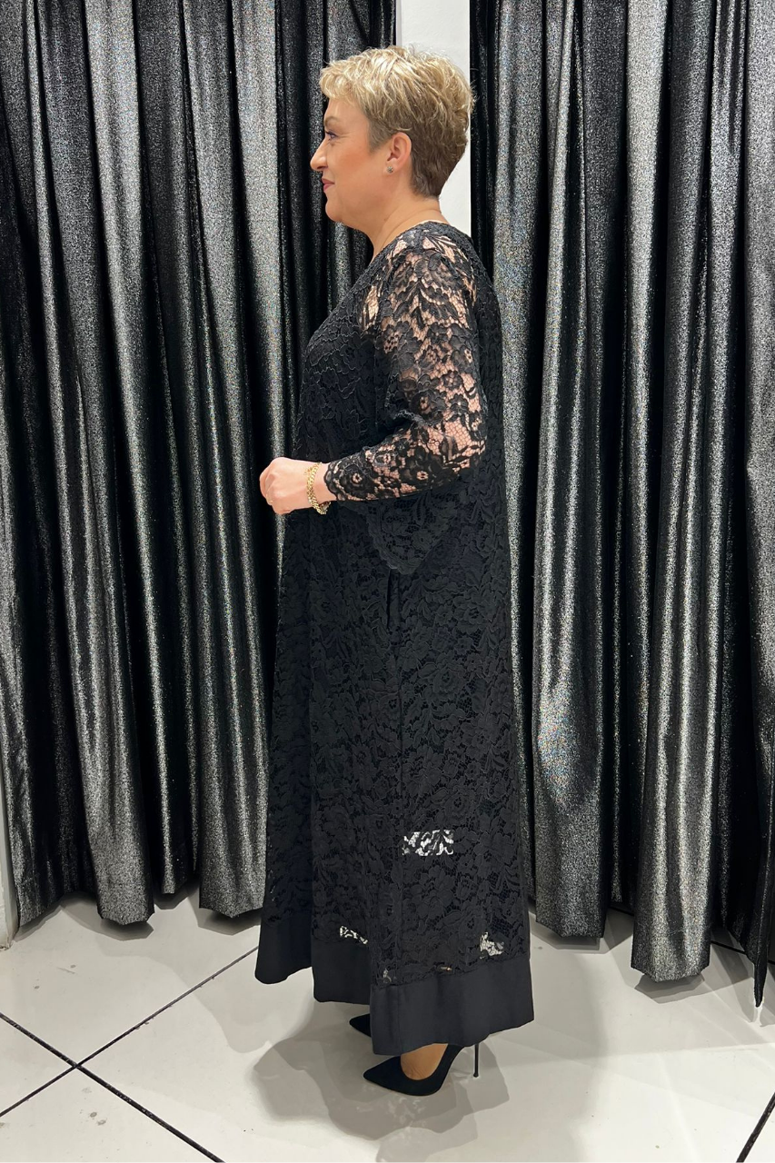 Selma Büyük Beden Broş Detaylı İç Elbiseli Dantel Takım