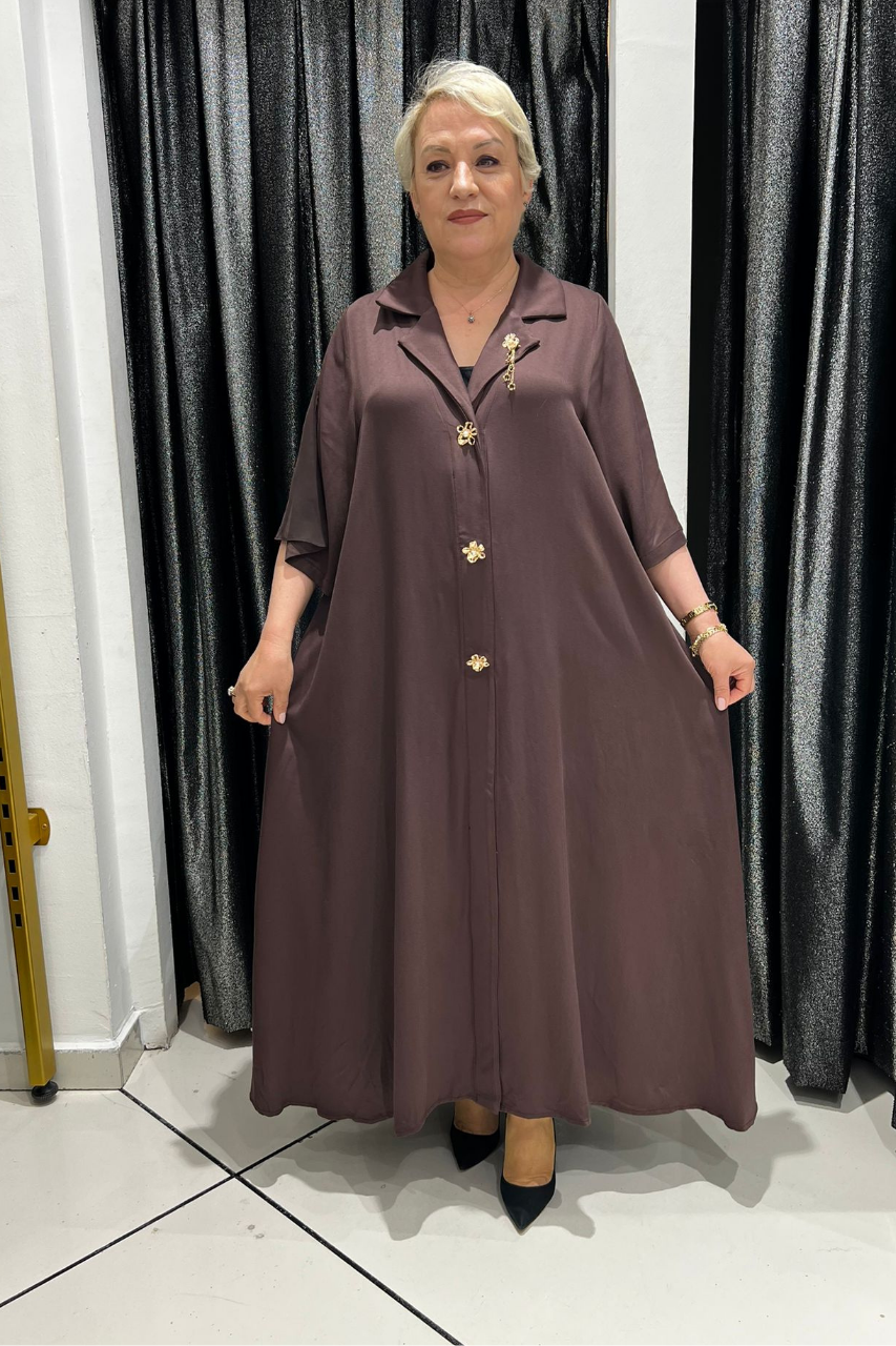 Selma Büyük Beden Broş Detaylı Uzun Elbise