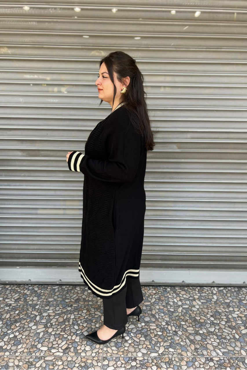 Selma Büyük Beden Cepli Fermuarlı Triko Uzun Kap