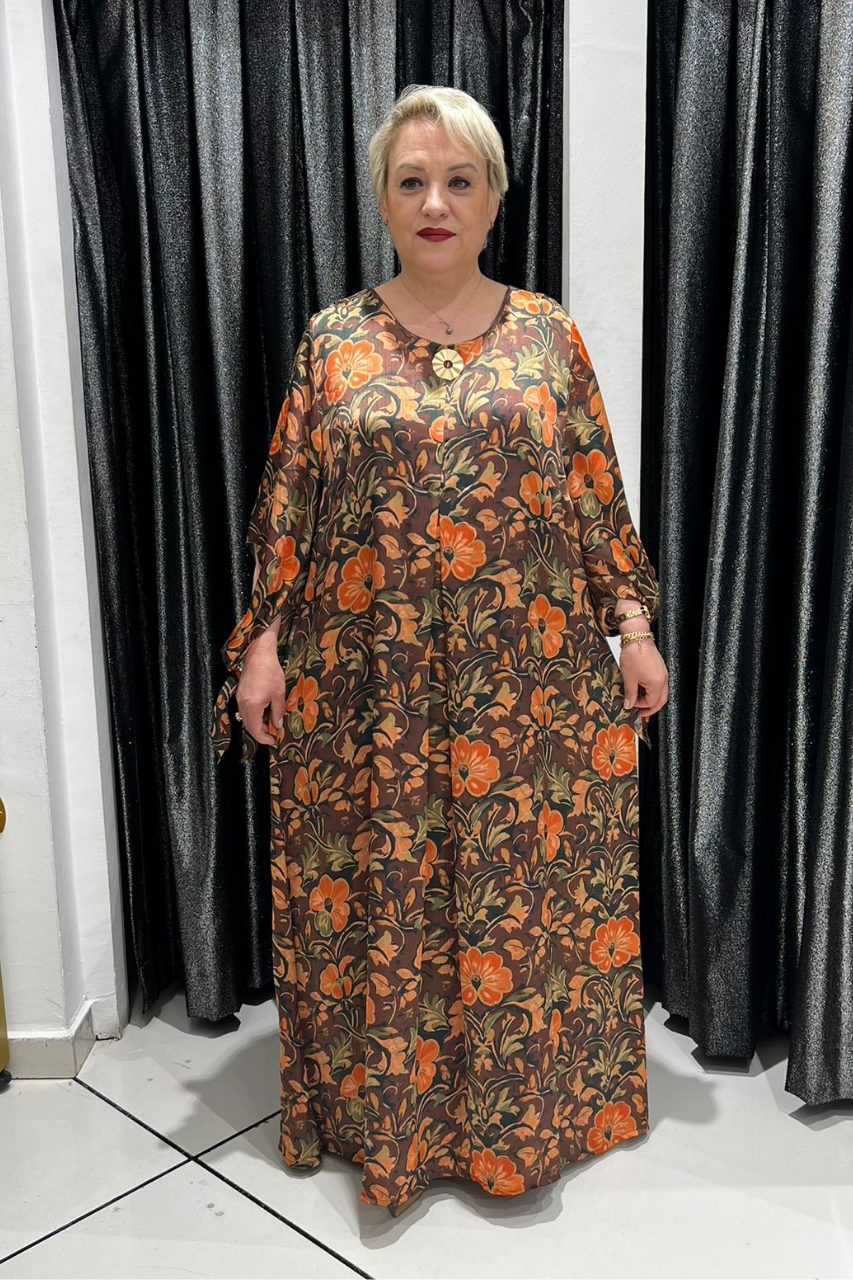 Selma Büyük Beden Çiçek Desenli Astarlı Elbise