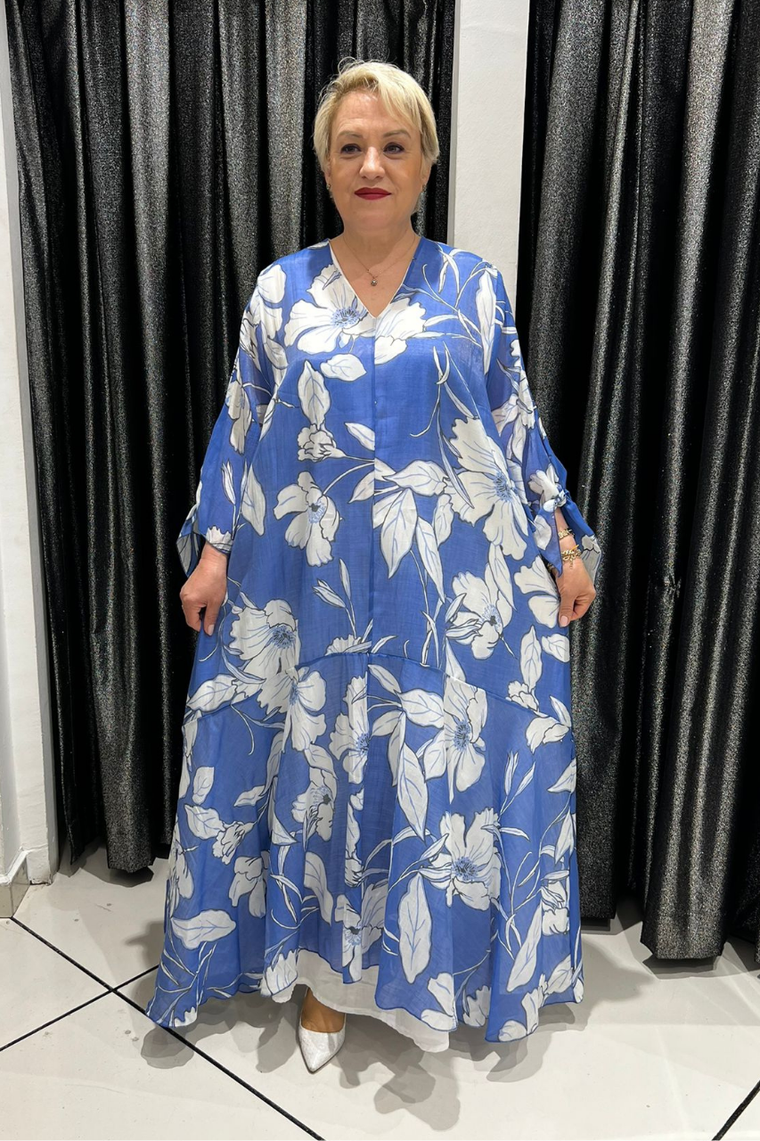 Selma Büyük Beden Çiçek Desenli Asteralı V Yaka Elbise