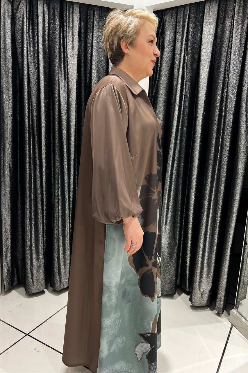 Selma Büyük Beden Çiçek Desenli Dökümlü Saten Elbise