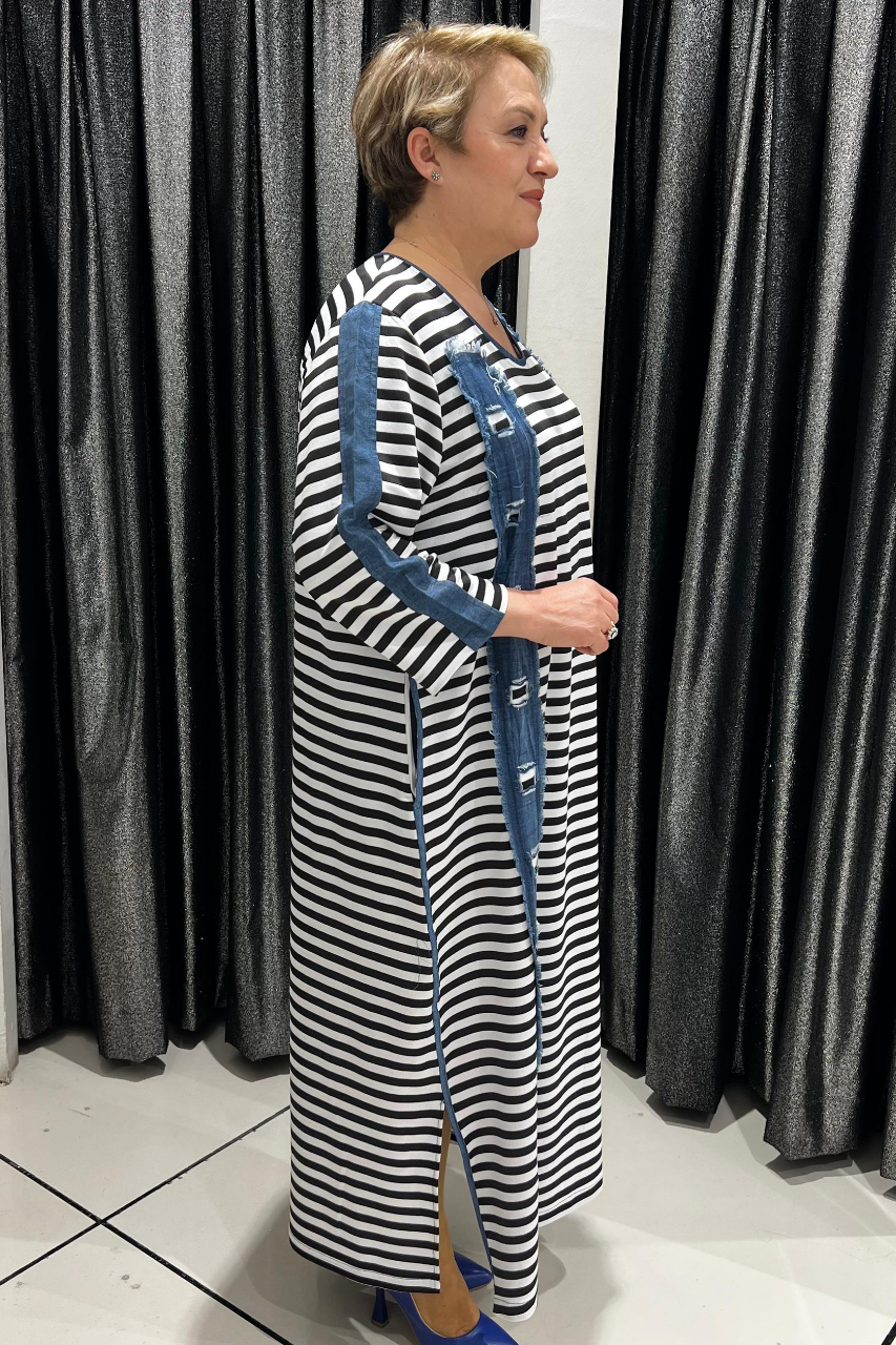 Selma Büyük Beden Çizgili Denim Detaylı Elbise