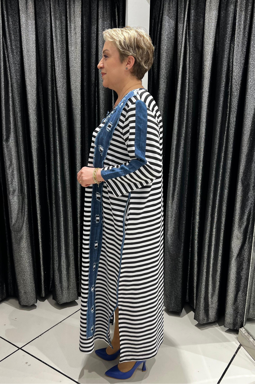 Selma Büyük Beden Çizgili Denim Detaylı Elbise