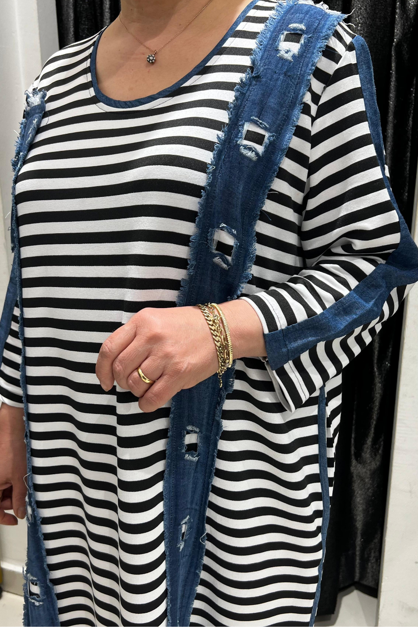 Selma Büyük Beden Çizgili Denim Detaylı Elbise