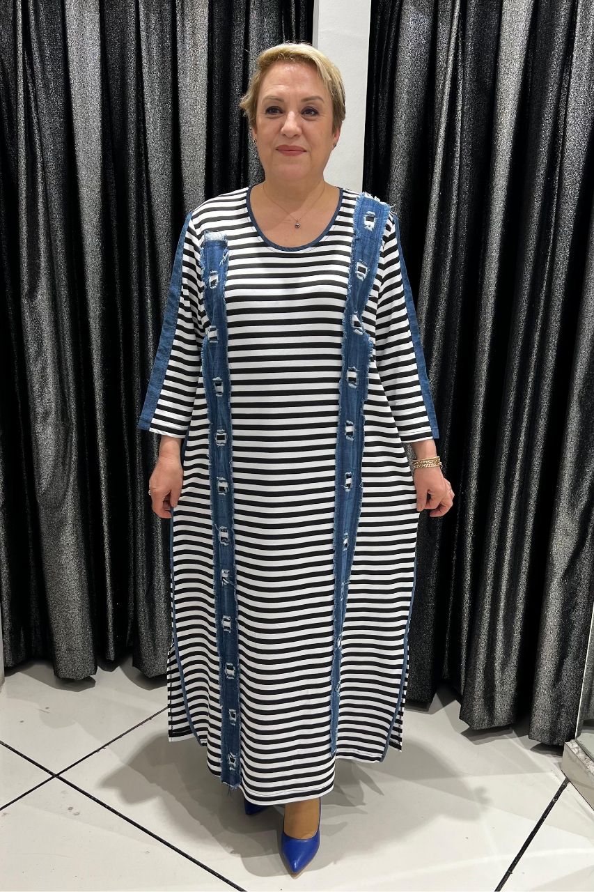 Selma Büyük Beden Çizgili Denim Detaylı Elbise