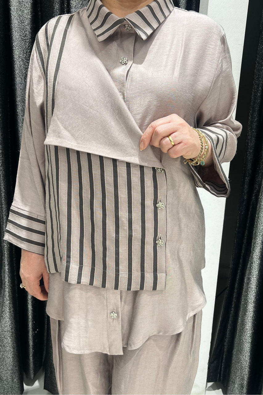 Selma Büyük Beden Çizgili Detaylı Alt-Üst Takım