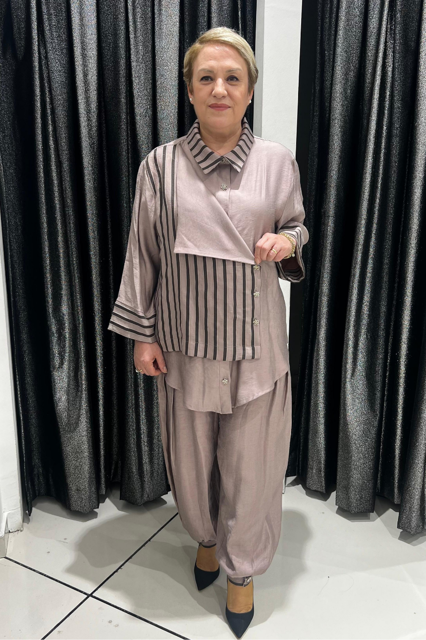 Selma Büyük Beden Çizgili Detaylı Alt-Üst Takım