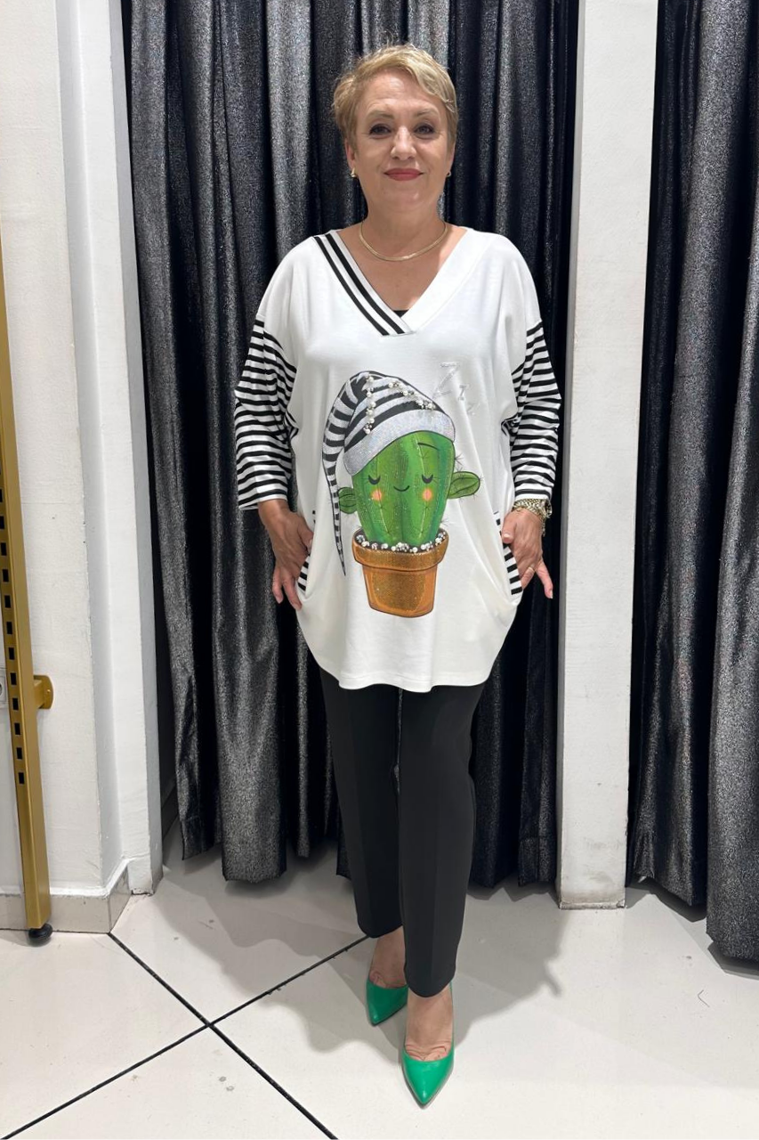 Selma Büyük Beden Çizgili Detaylı Baskılı Bluz