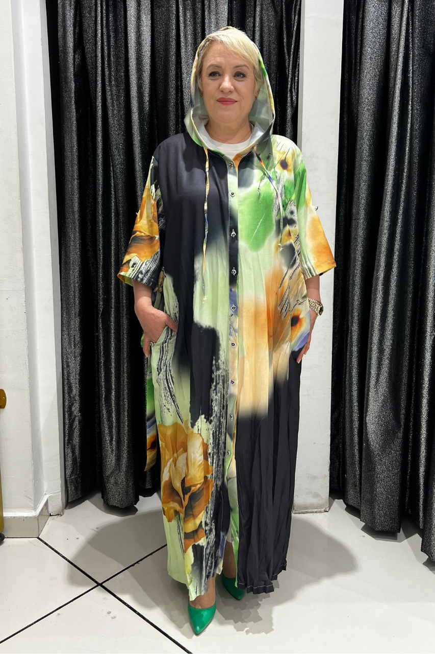 Selma Büyük Beden Çok Amaçlı Çiçek Desenli Kapüşonlu Hırka/Elbise