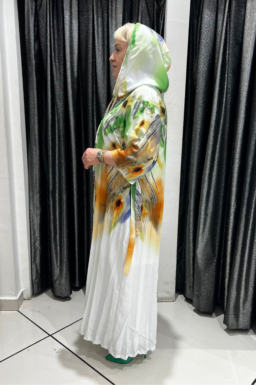 Selma Büyük Beden Çok Amaçlı Çiçek Desenli Kapüşonlu Hırka/Elbise