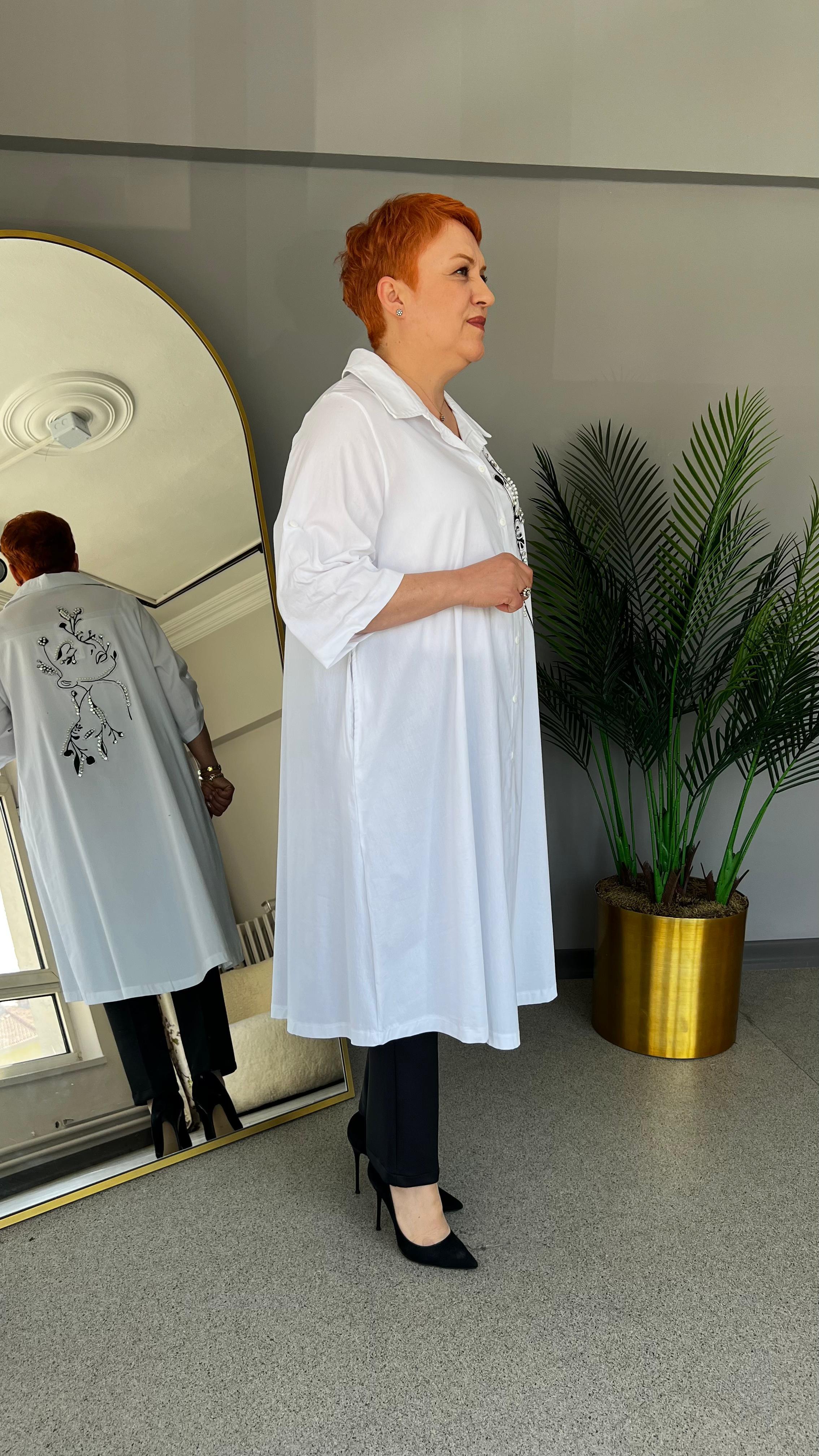 Selma Büyük Beden Desenli Poplin Gömlek Elbise