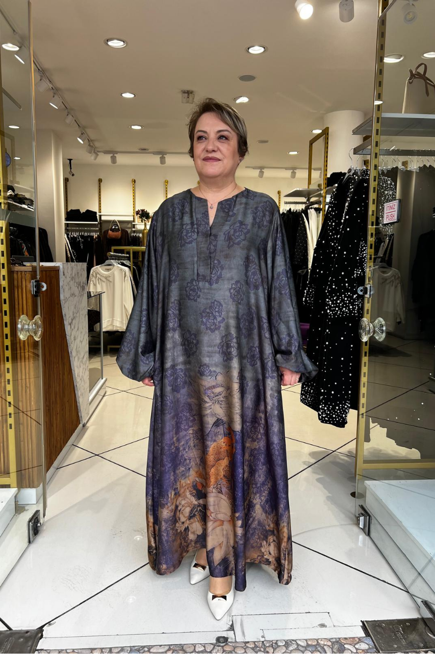Selma Büyük Beden Desenli Tasarım Uzun Elbise