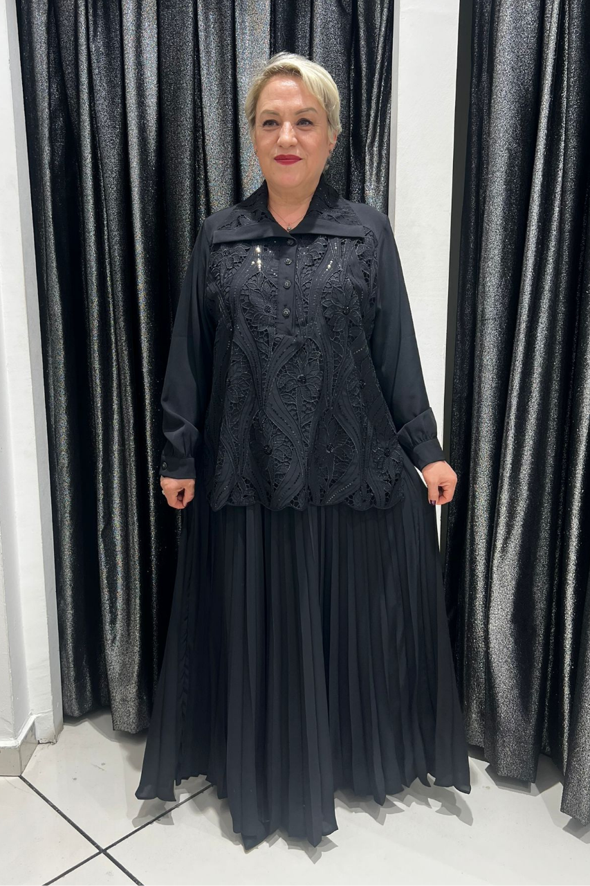 Selma Büyük Beden Devrik Yaka Güpür Kaplamalı Etekli Takım