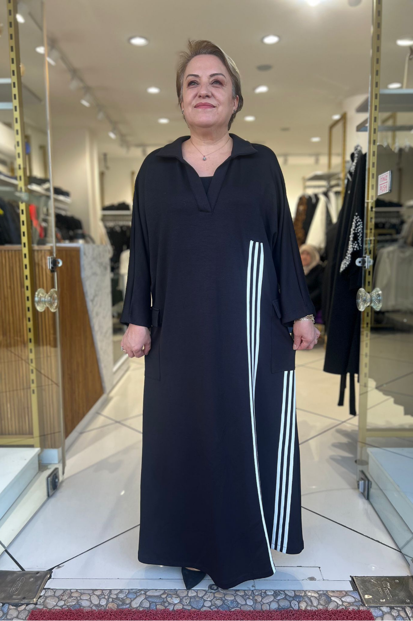 Selma Büyük Beden Dikey Çizgili Siyah Elbise