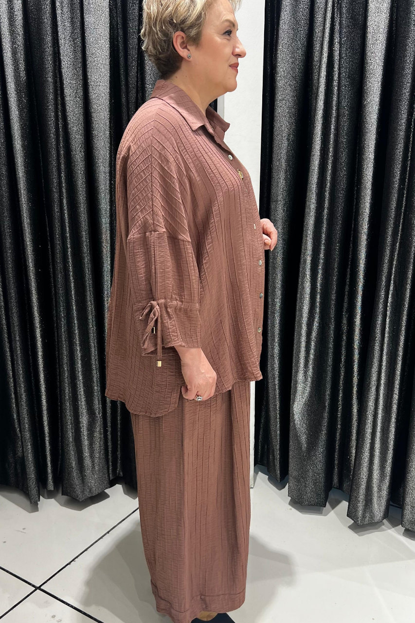Selma Büyük Beden Düğmeli Gömlek ve Pantolon Takım
