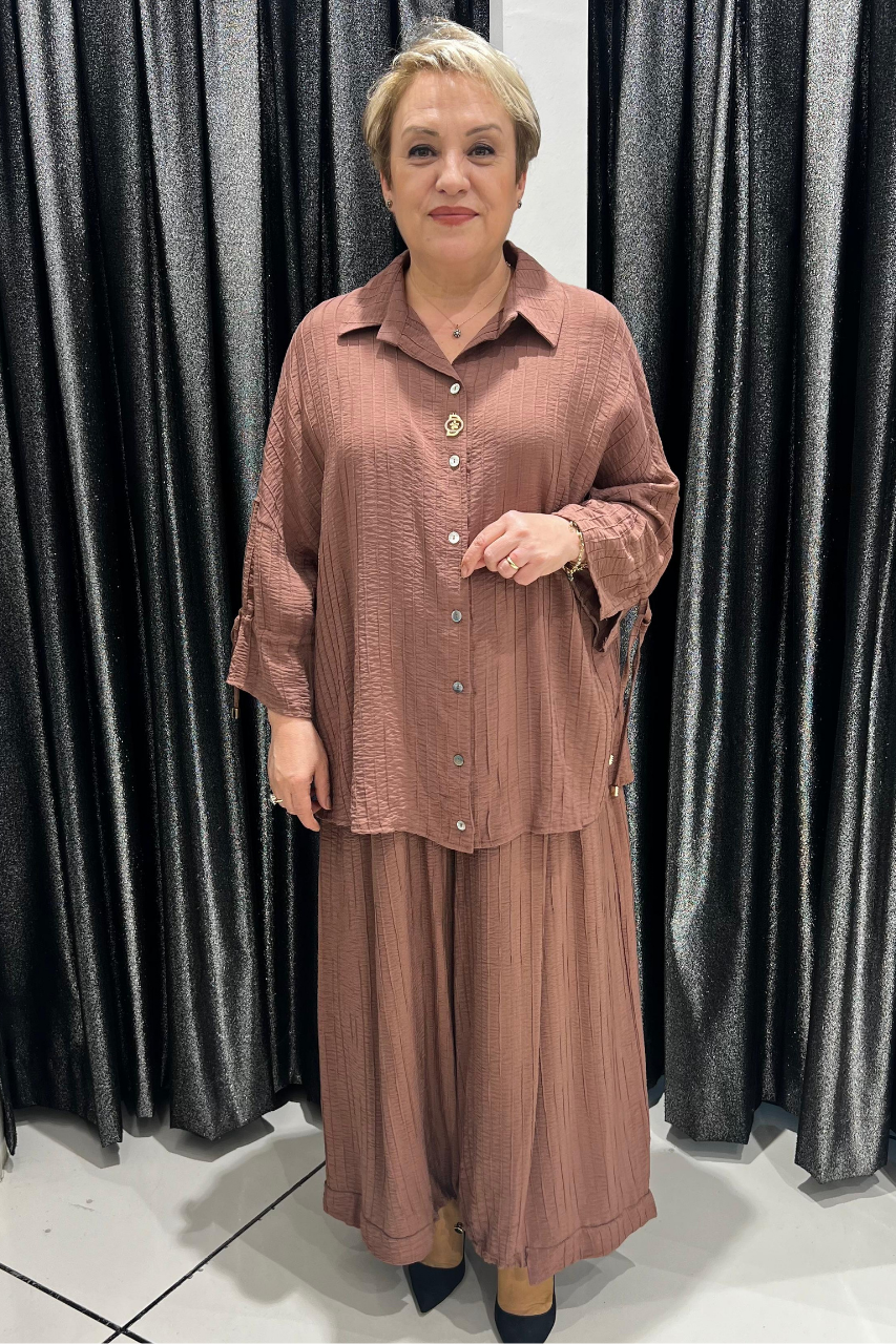 Selma Büyük Beden Düğmeli Gömlek ve Pantolon Takım