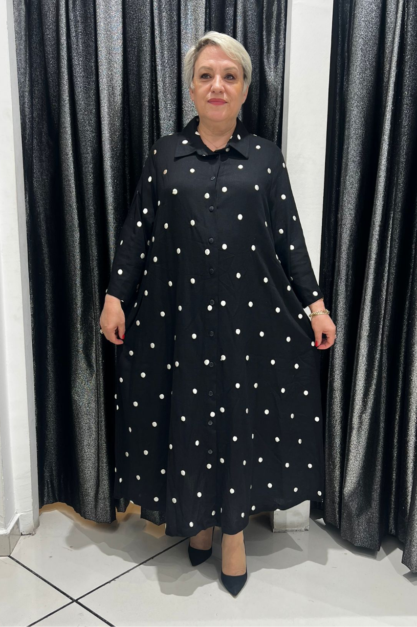 Selma Büyük Beden Düğmeli Polkadot Gömlek Elbise