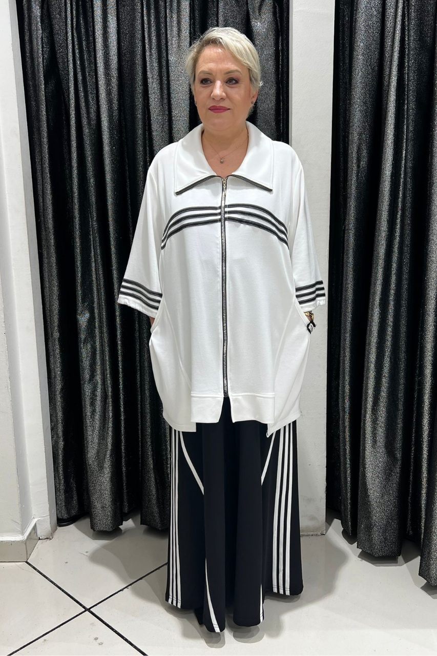 Selma Büyük Beden Fermuarlı Üst ve Çizgili Pantolon Takım