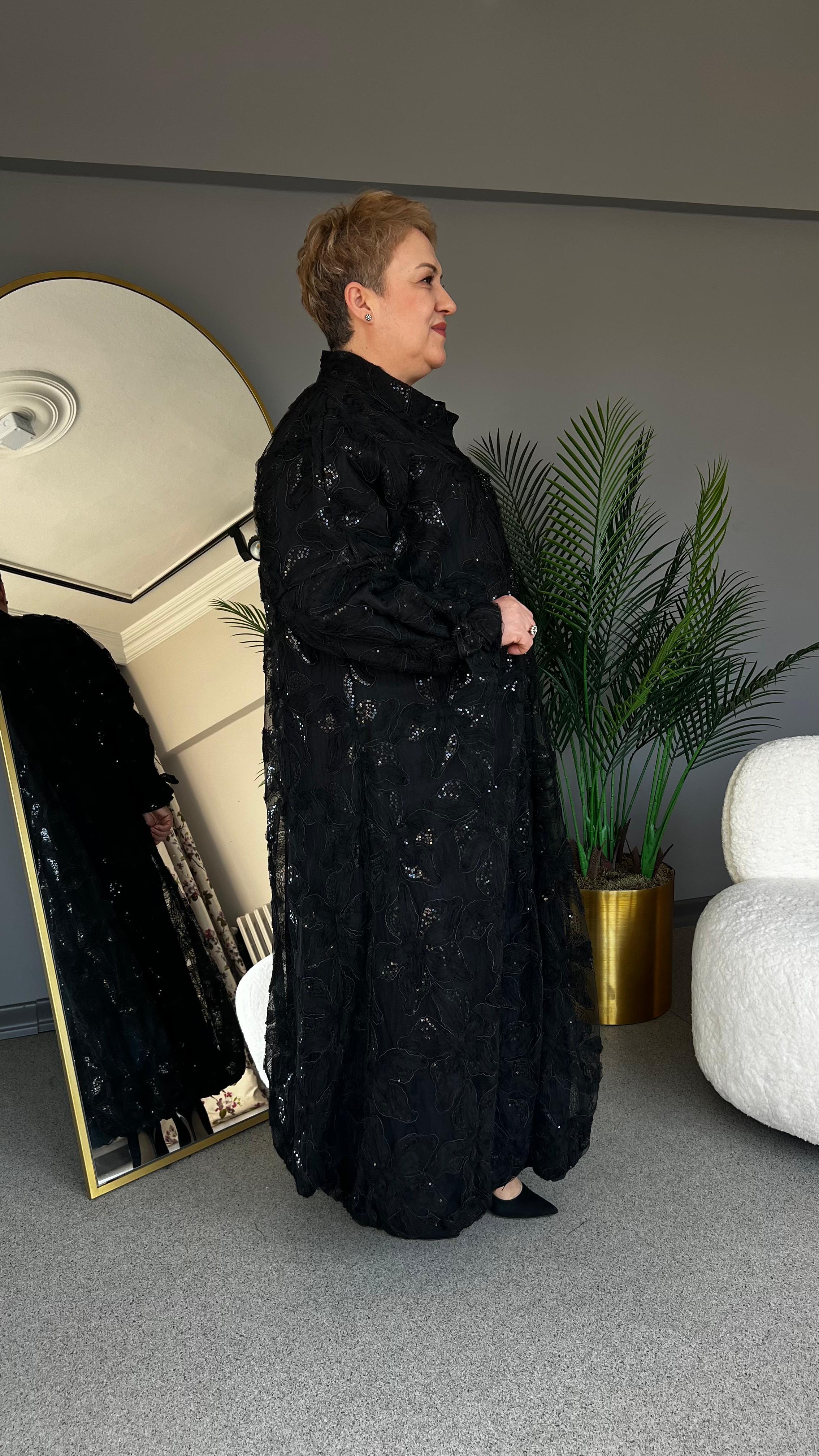 Selma Büyük Beden Gümüş Pul Detaylı Pardesü