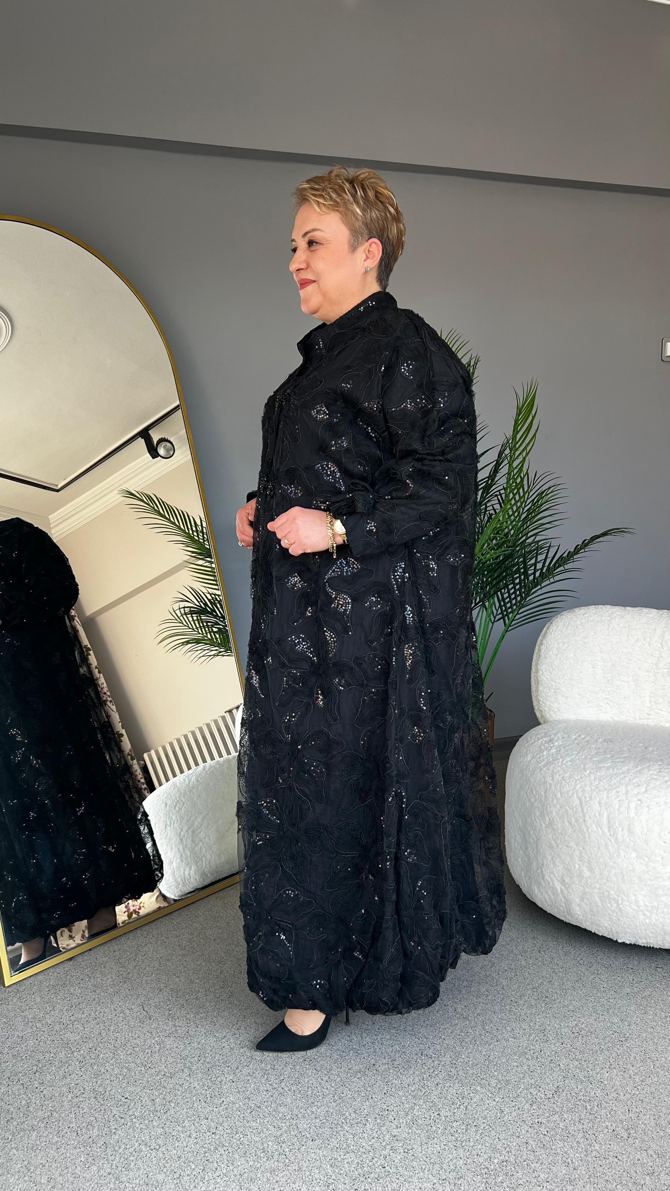 Selma Büyük Beden Gümüş Pul Detaylı Pardesü