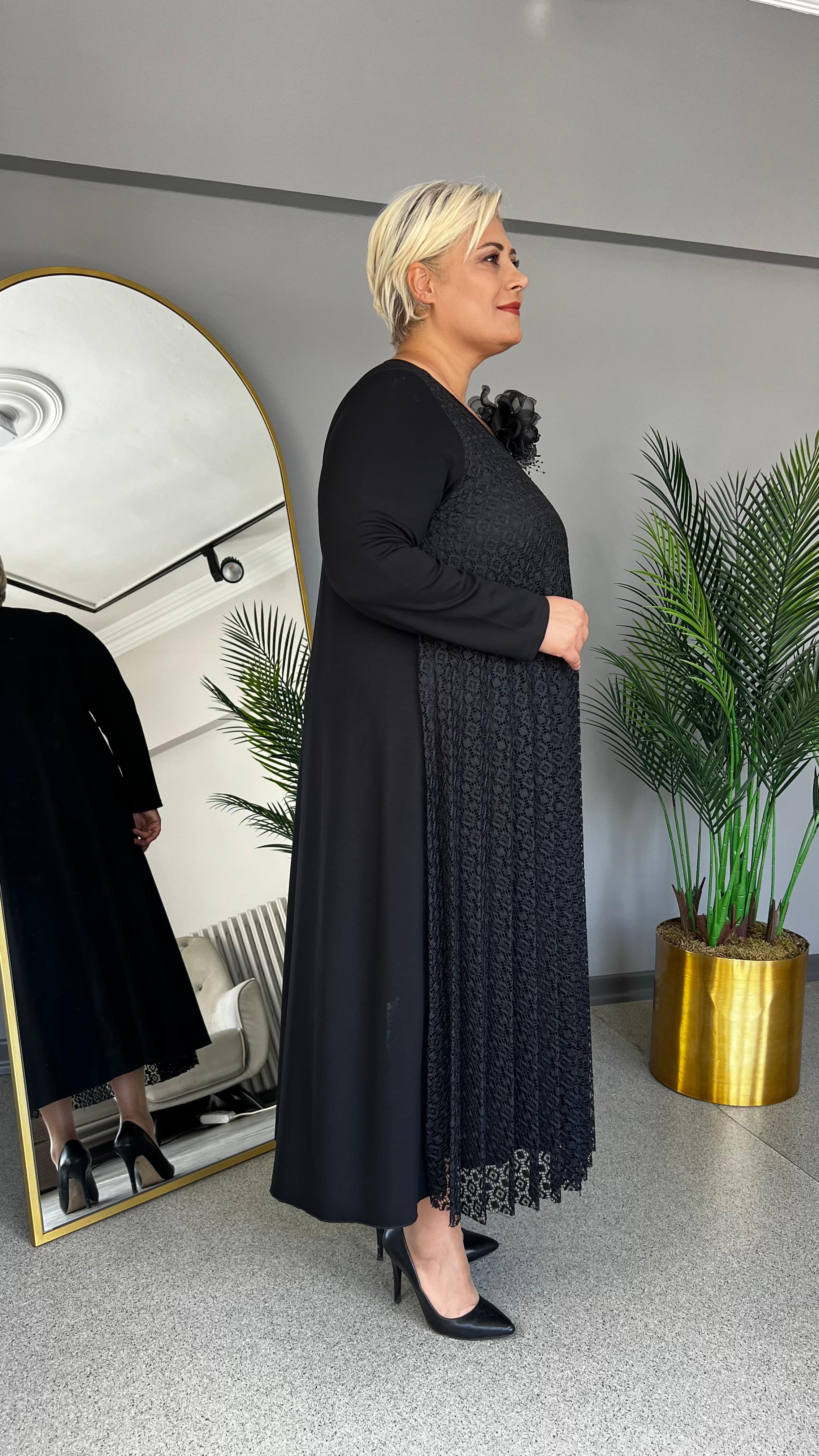 Selma Büyük Beden Güpür Plise Elbise