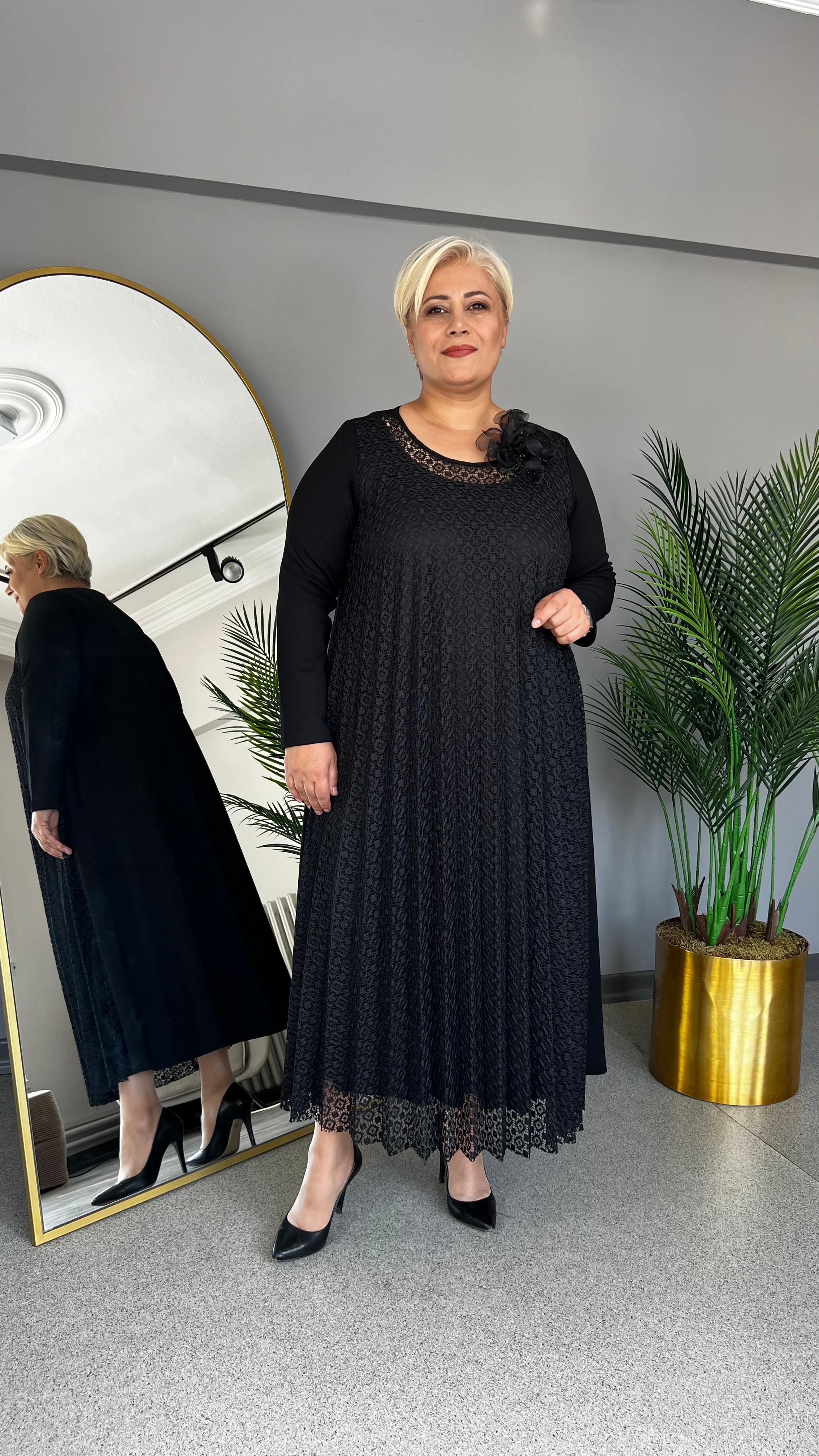 Selma Büyük Beden Güpür Plise Elbise