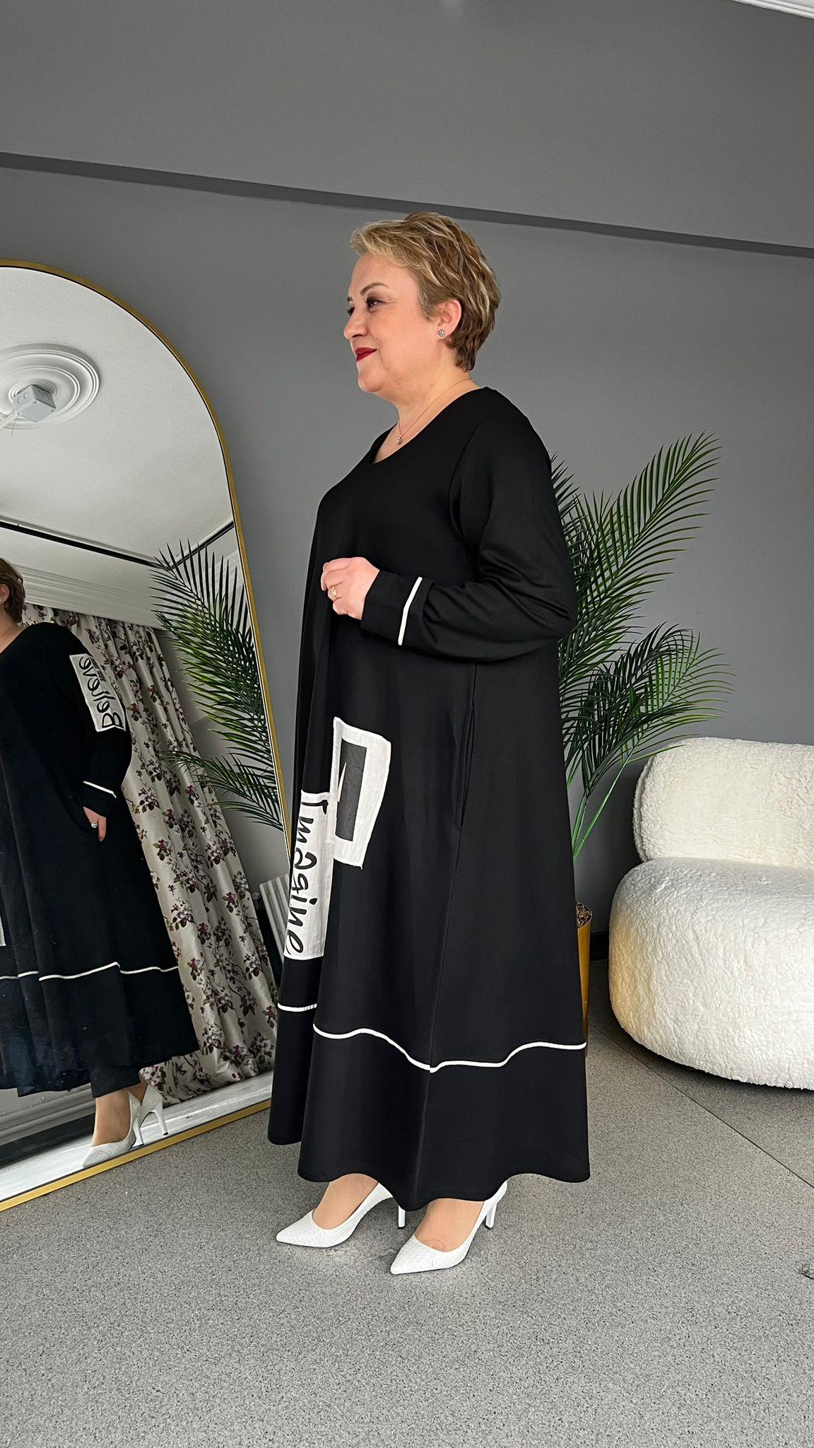 Selma Büyük Beden Yazı Detaylı Elbise