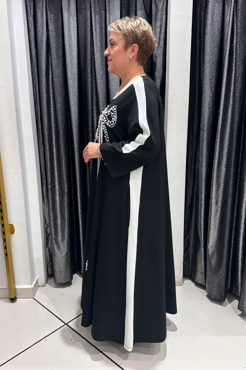 Selma Büyük Beden İnci Detaylı Fiyonklu Elbise
