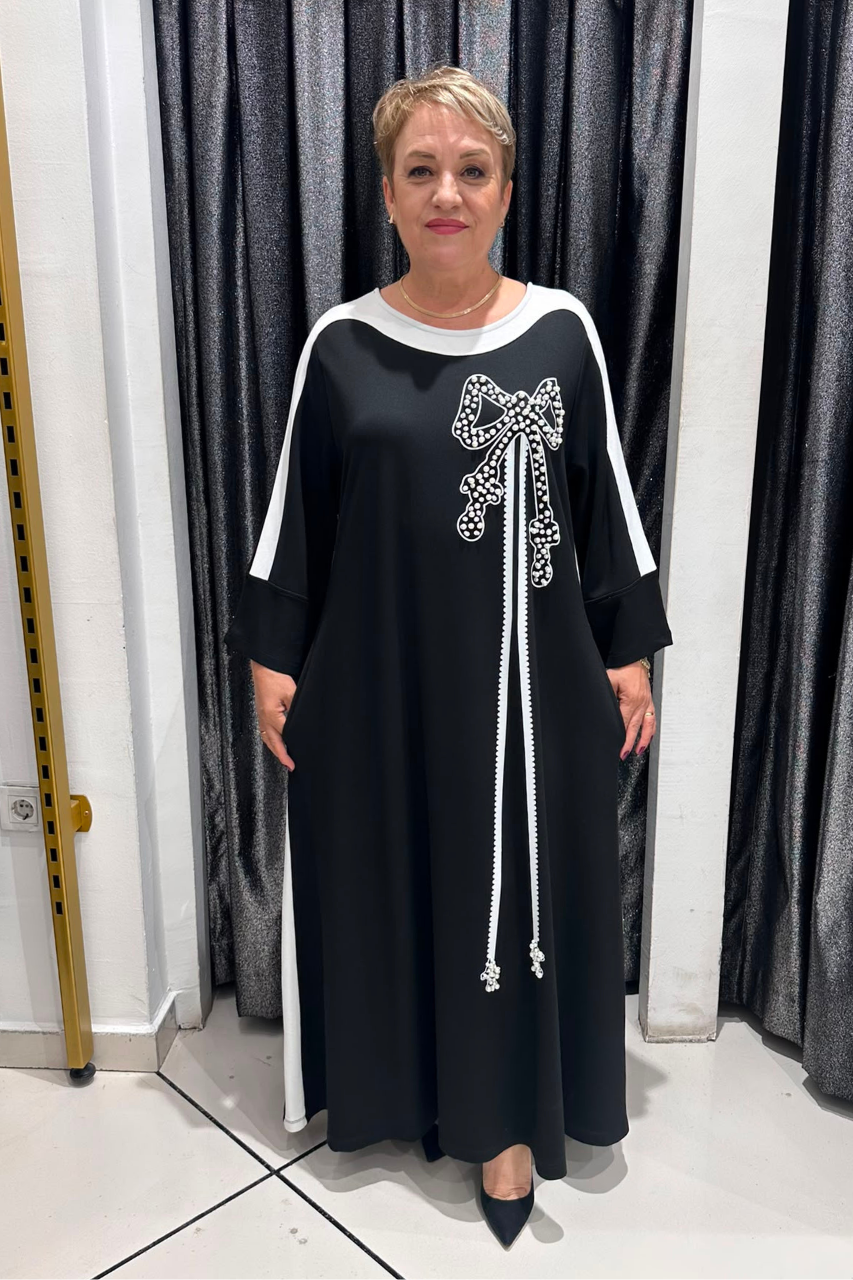 Selma Büyük Beden İnci Detaylı Fiyonklu Elbise