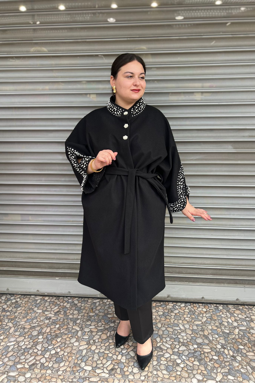 Selma Büyük Beden İnci İşlemeli Cepli Kaşe Kaban