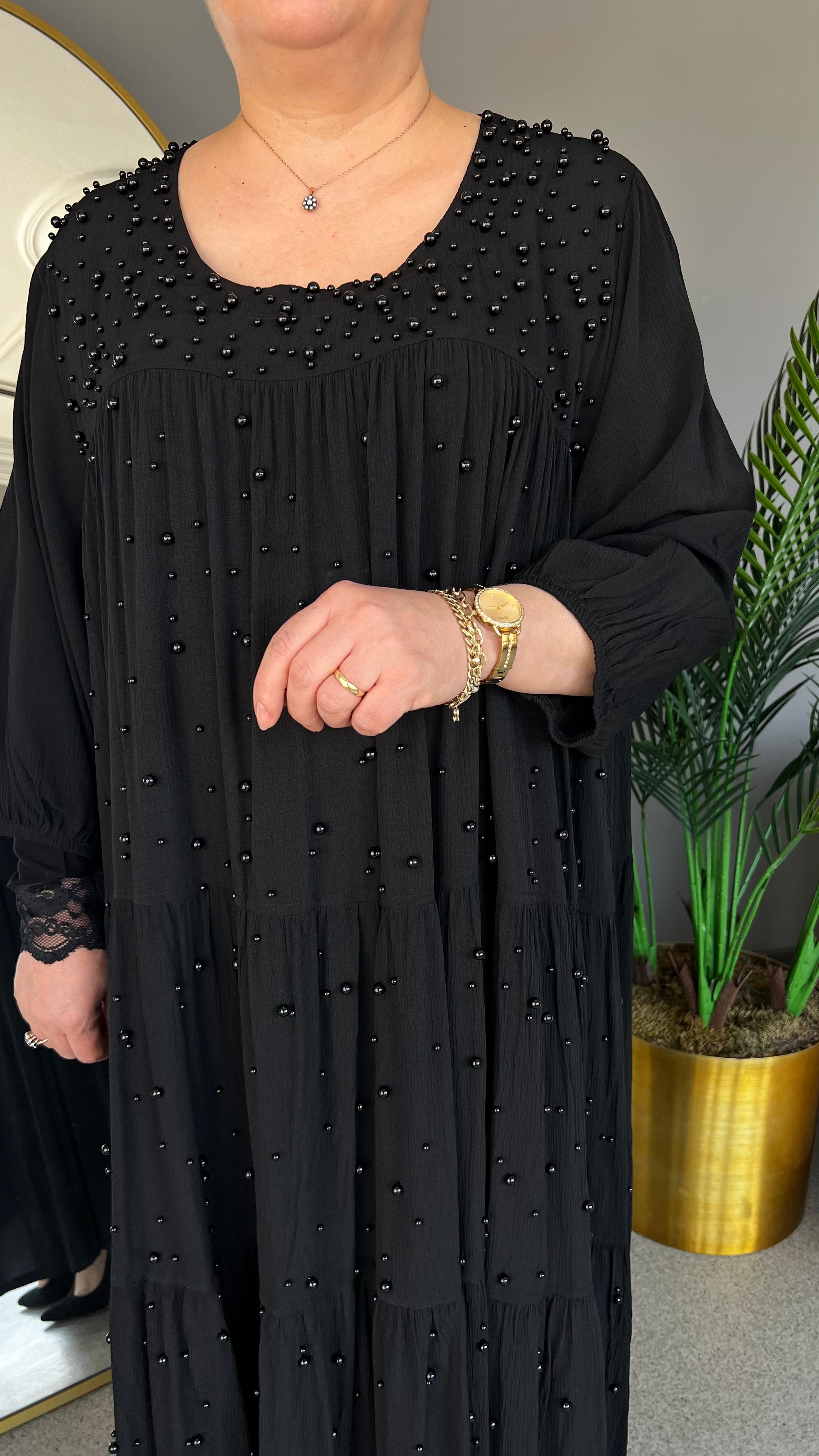 Selma Büyük Beden İnci İşlemeli Elbise