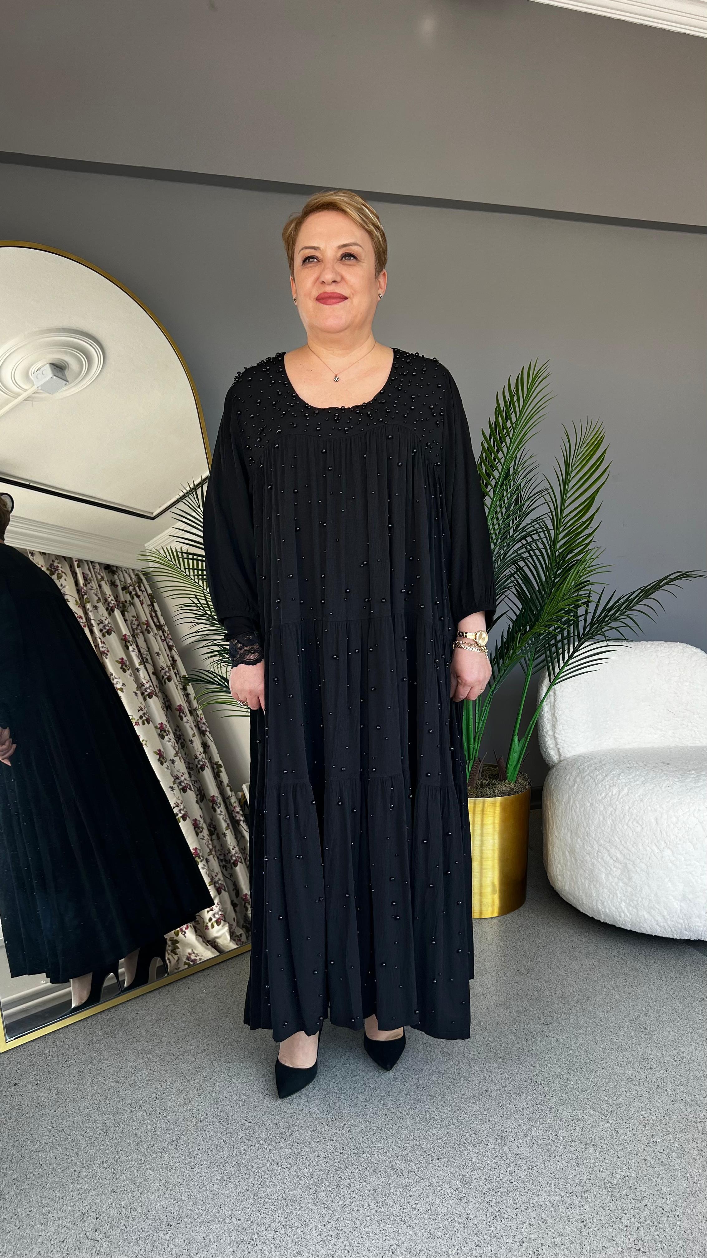Selma Büyük Beden İnci İşlemeli Elbise