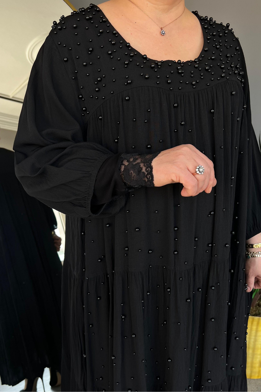 Selma Büyük Beden İnci İşlemeli Elbise