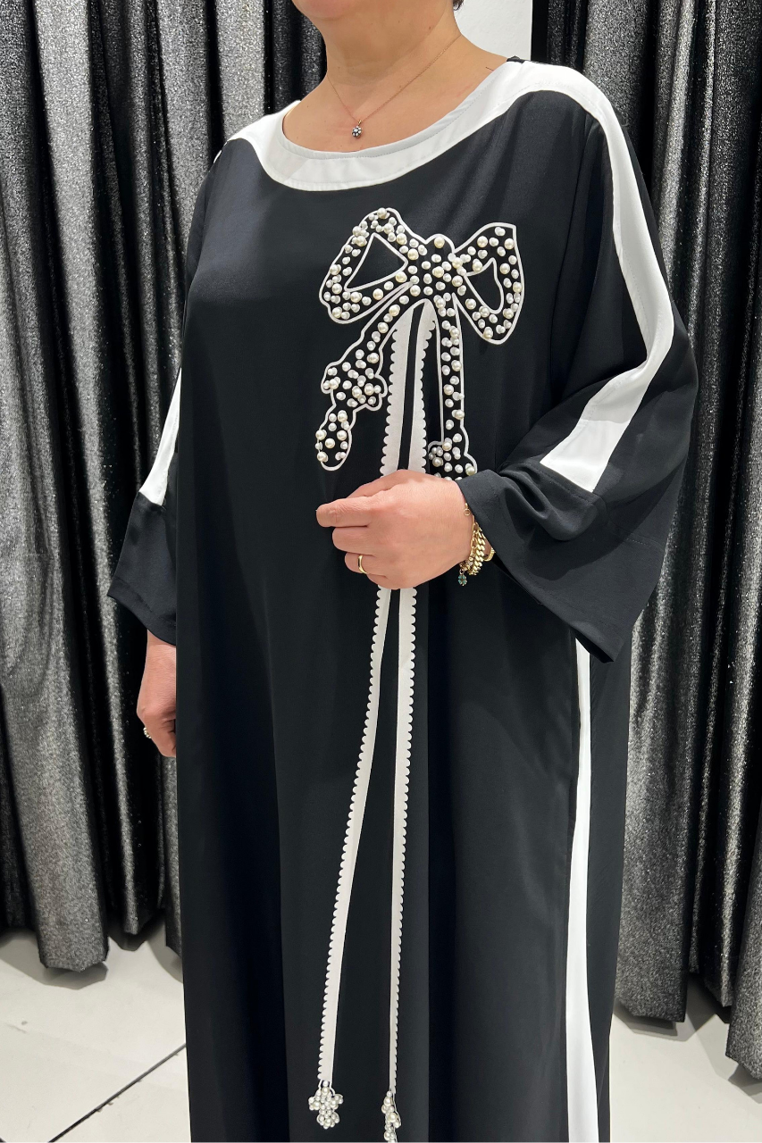 Selma Büyük Beden İnci Taşlı Kurdele Tasarımlı Elbise