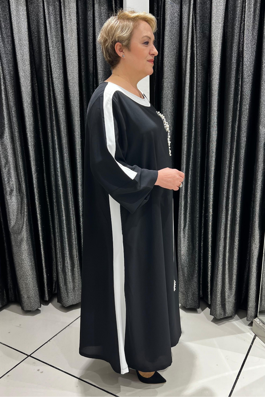 Selma Büyük Beden İnci Taşlı Kurdele Tasarımlı Elbise