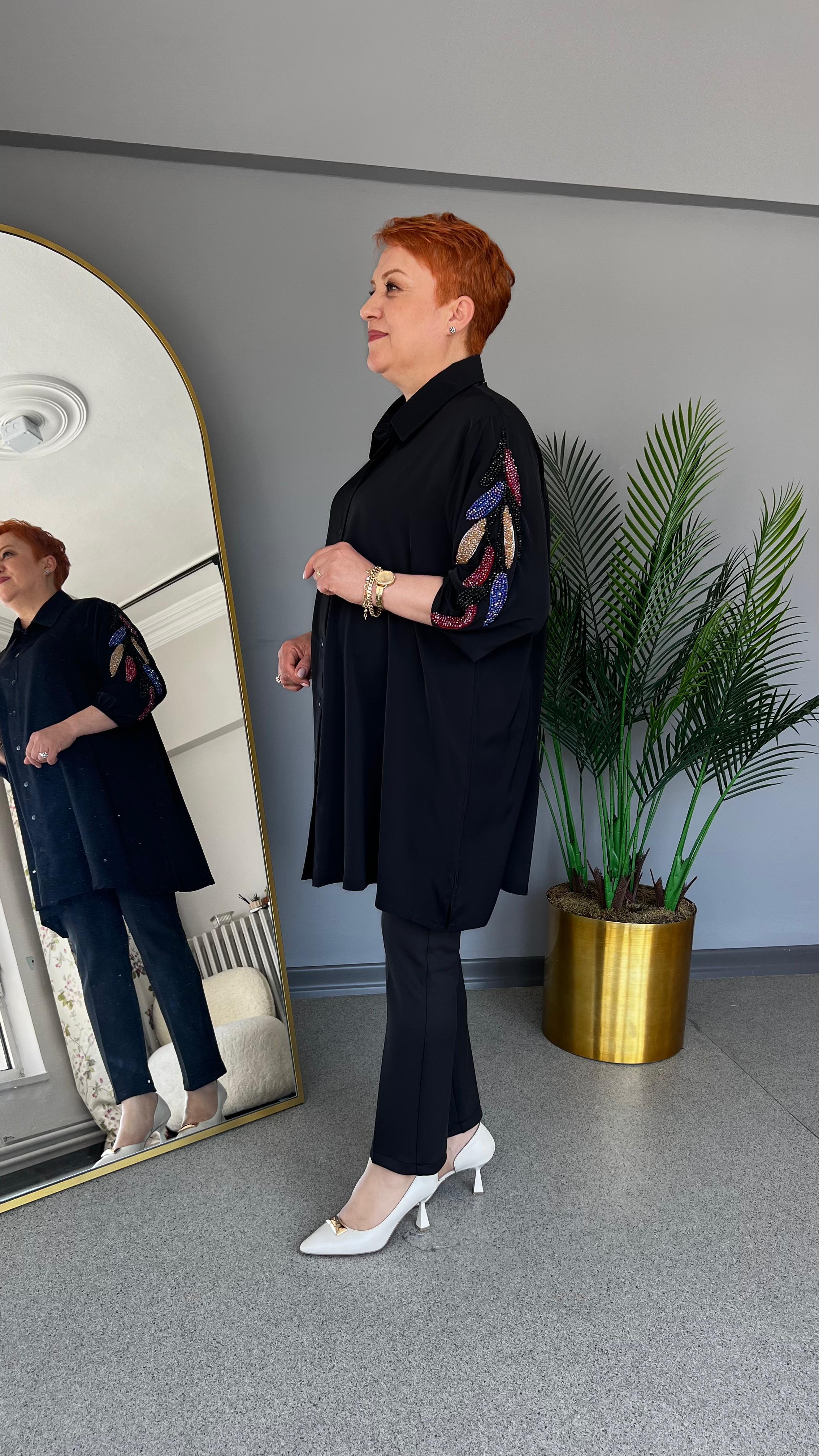 Selma Büyük Beden İşleme Kollu Gömlek