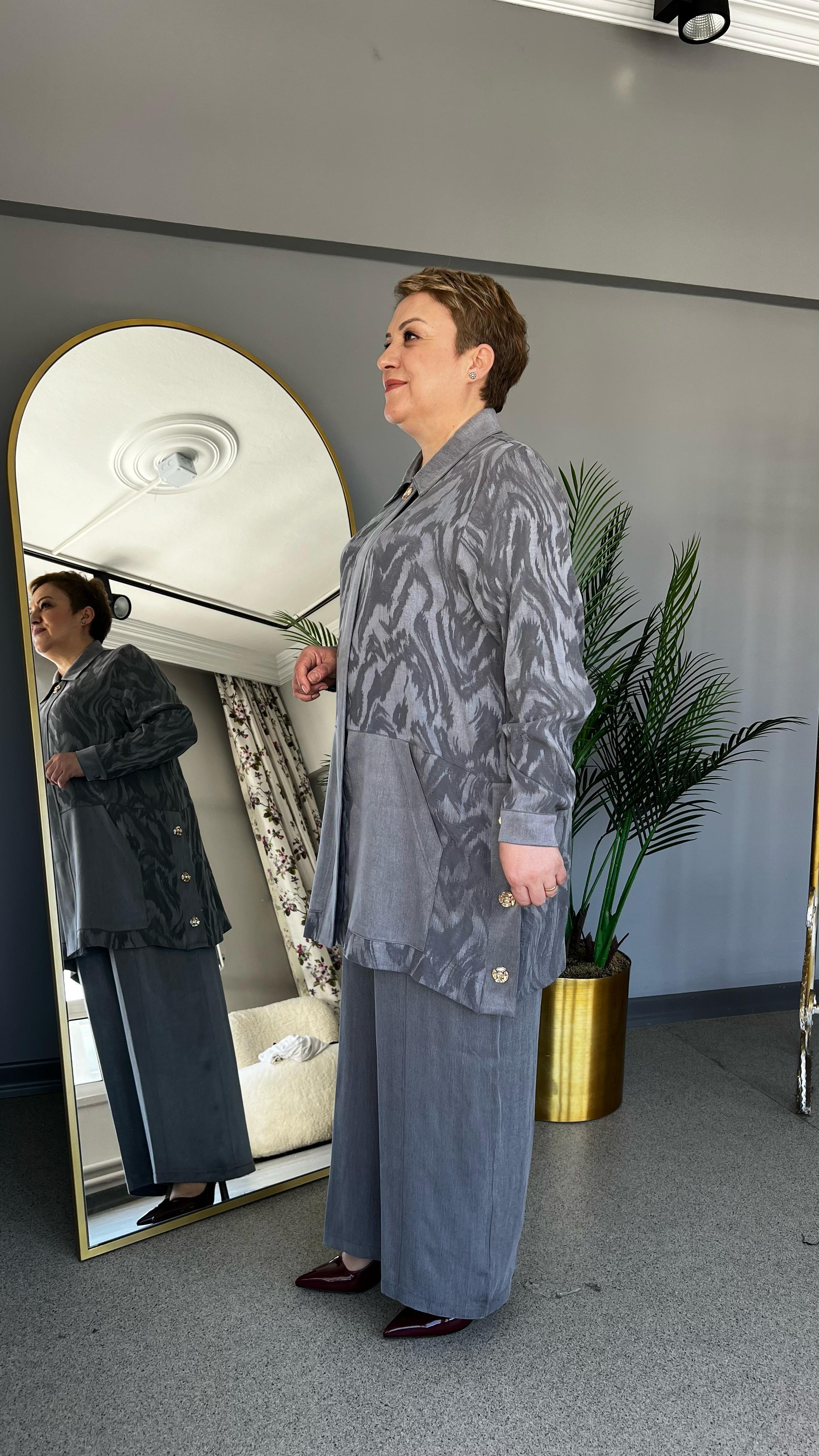 Selma Büyük Beden Jakarlı Lyocell Pantolonlu Takım
