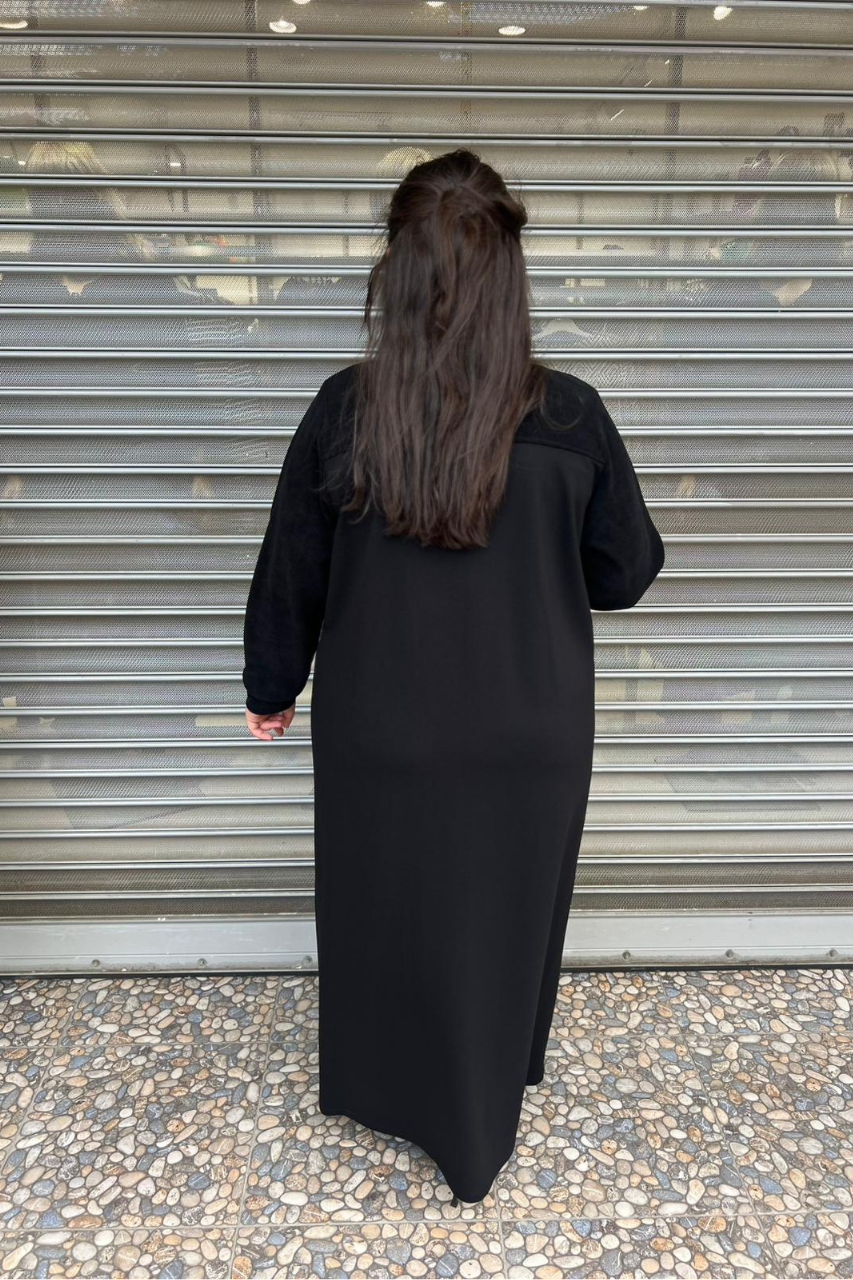 Selma Büyük Beden Kadife Detaylı Ferace/Pardesü
