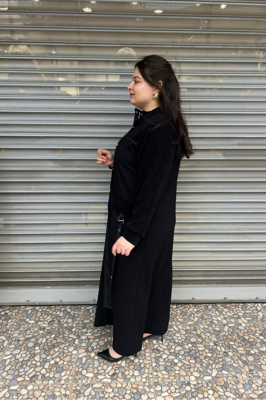 Selma Büyük Beden Kadife Detaylı Ferace/Pardesü